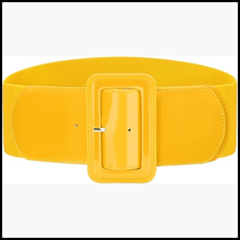 Faux Leather Wide Stretch Belt with Rectangular Buckle Adjustable